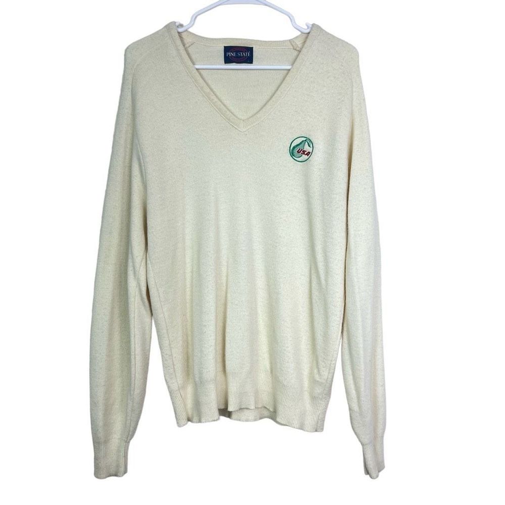 Vintage Pine State Size Large V-Neck Cream Sweater USA Embroidered Logo